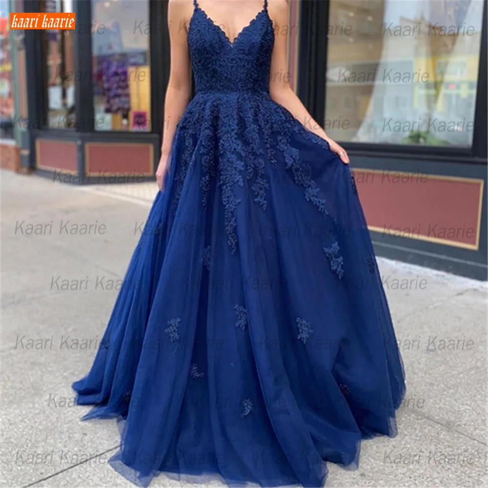 

Elegant Dark Navy Prom Gown 2021 Applique Lace Up Vestido De Fiesta De Boda Sexy Women Party Dresses Customized vestido de noiva