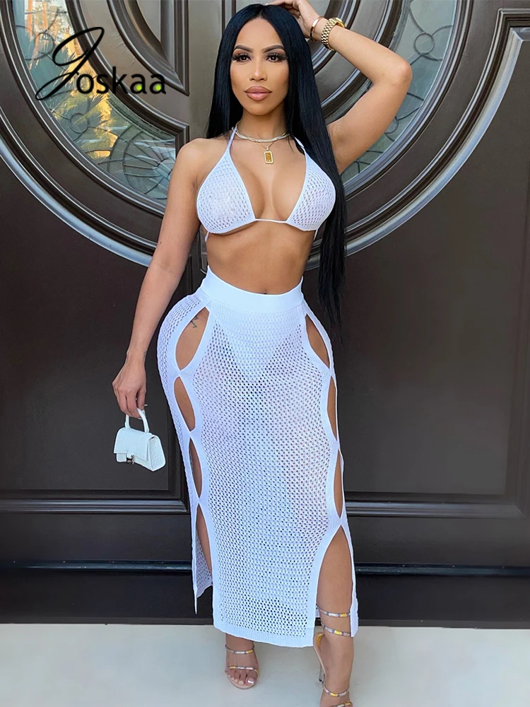 

Joskaa Sexy Swimwear Two Piece Set Women Knitted Bra Tops Hollow Out Maxi Skirt Swimsuits Summer 2021 Fashion Vacation Beachwear