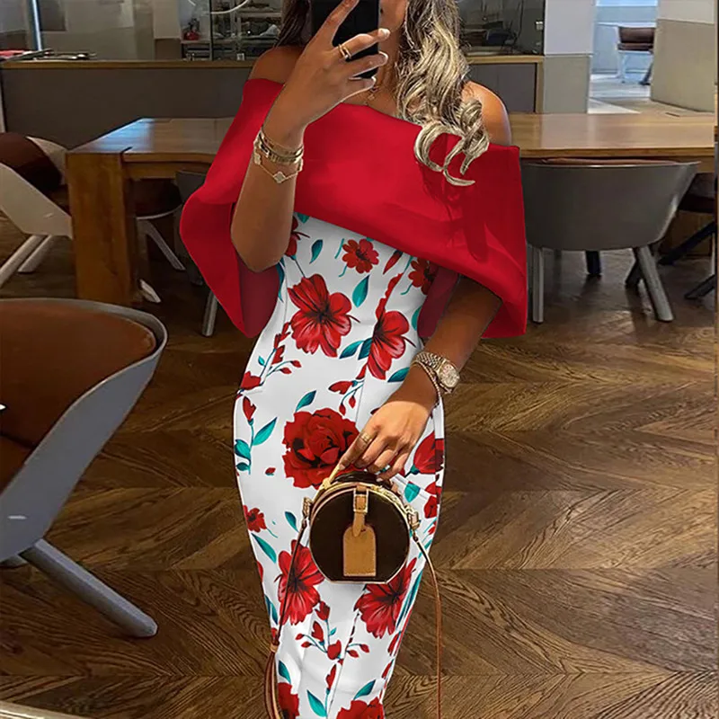 

Elegant Print Dresses Women Autumn Fashion Slash Neck Off Shoulder Slim Female Party Prom Dresses