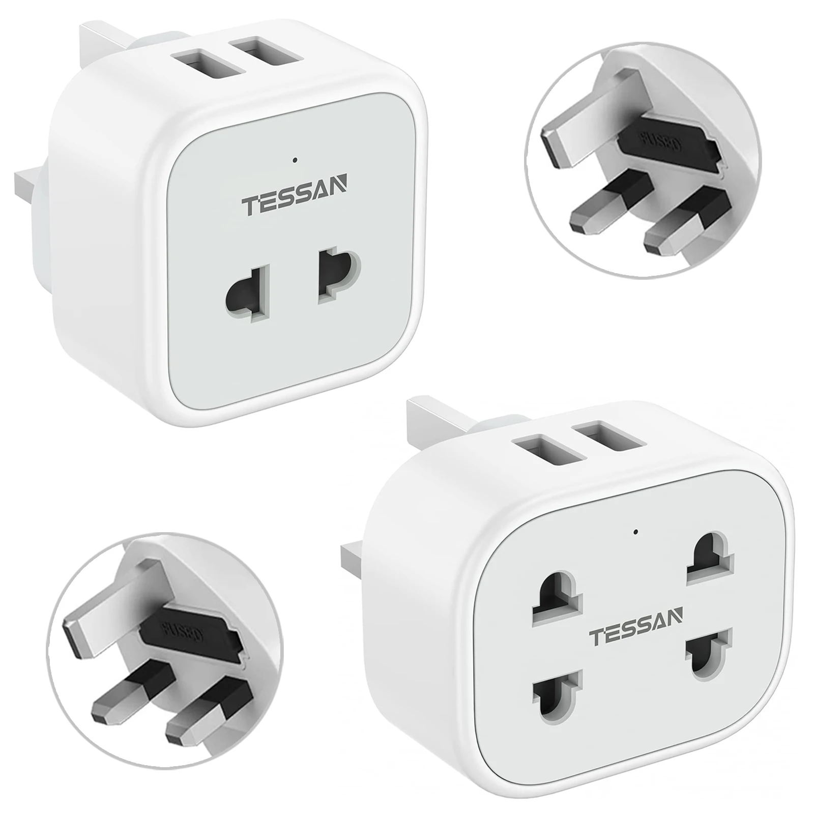 

TESSAN UK 2 Pin to 3 Pin Fuse Adaptor Plug, Electric Shaver Razor Adaptor Toothbrush Plug with 2 USB Ports (2.4A) for Home