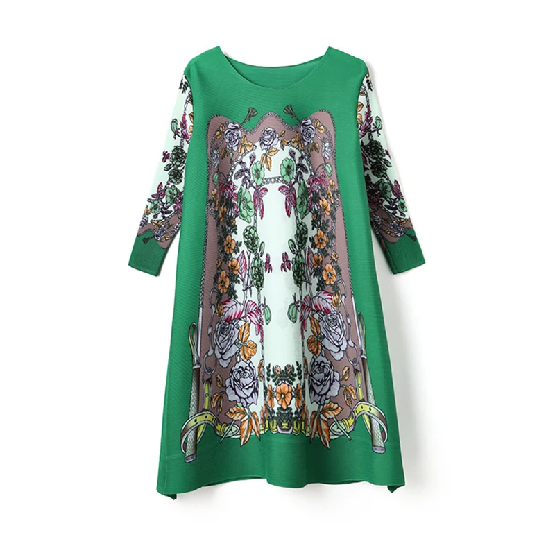 

CHICEVER Blue Casual Print Dress For Women O Neck Three Quarter Sleeve Knee Length Loose Dresses Female Summer Clothing 2021 New