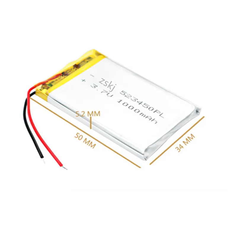 

1/2pcs 3.7V 1000mAh 523450 Polymer Lithium Rechargeable Battery Li-ion Battery for Smart Phone DVD MP3 MP4 Led Lamp