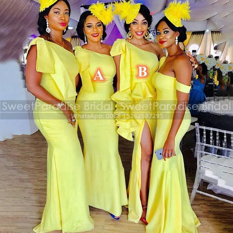 Желтое платье подружки невесты на одно плечо с оборками юбкой годе 2021 длинное