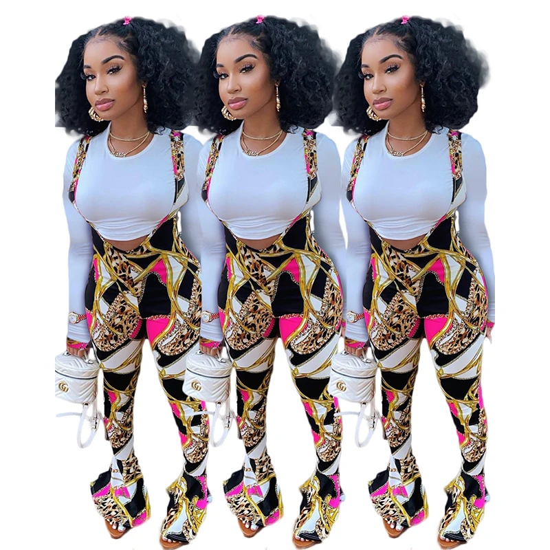 

2 Piece Sets Womens Outfits Long Sleeve White Crop Top Skinny Floral Flare Trouser Tracksuit Loungewear Wholesale Dropshipping