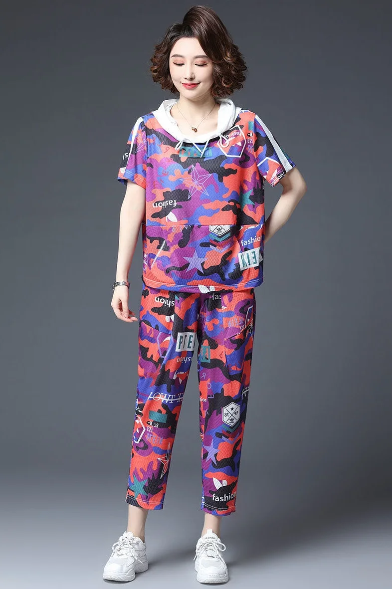 Camouflage Age Reduction Two-Piece Sports Short-Sleeved Quick-Drying Mesh T-Shirt 2021 Summer New Fashion Camouflage Suit Women