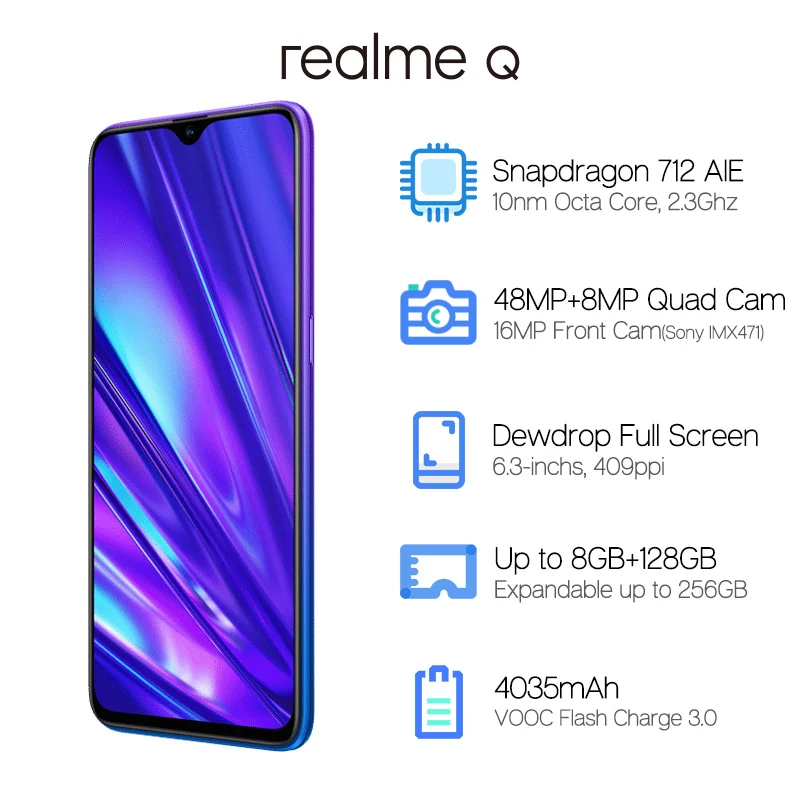Оригинальный мобильный телефон realme Q 8 Гб 128 ГБ 6 3 дюйма Восьмиядерный Snapdragon 712AIE