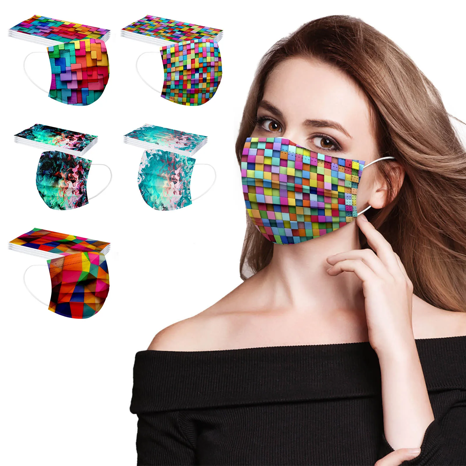 

50pcs Adult Disposable 3D Printing Face Masks With Stretchable Earloops Mouth Masks Outdoor Dustproof Protection Mask mascaras