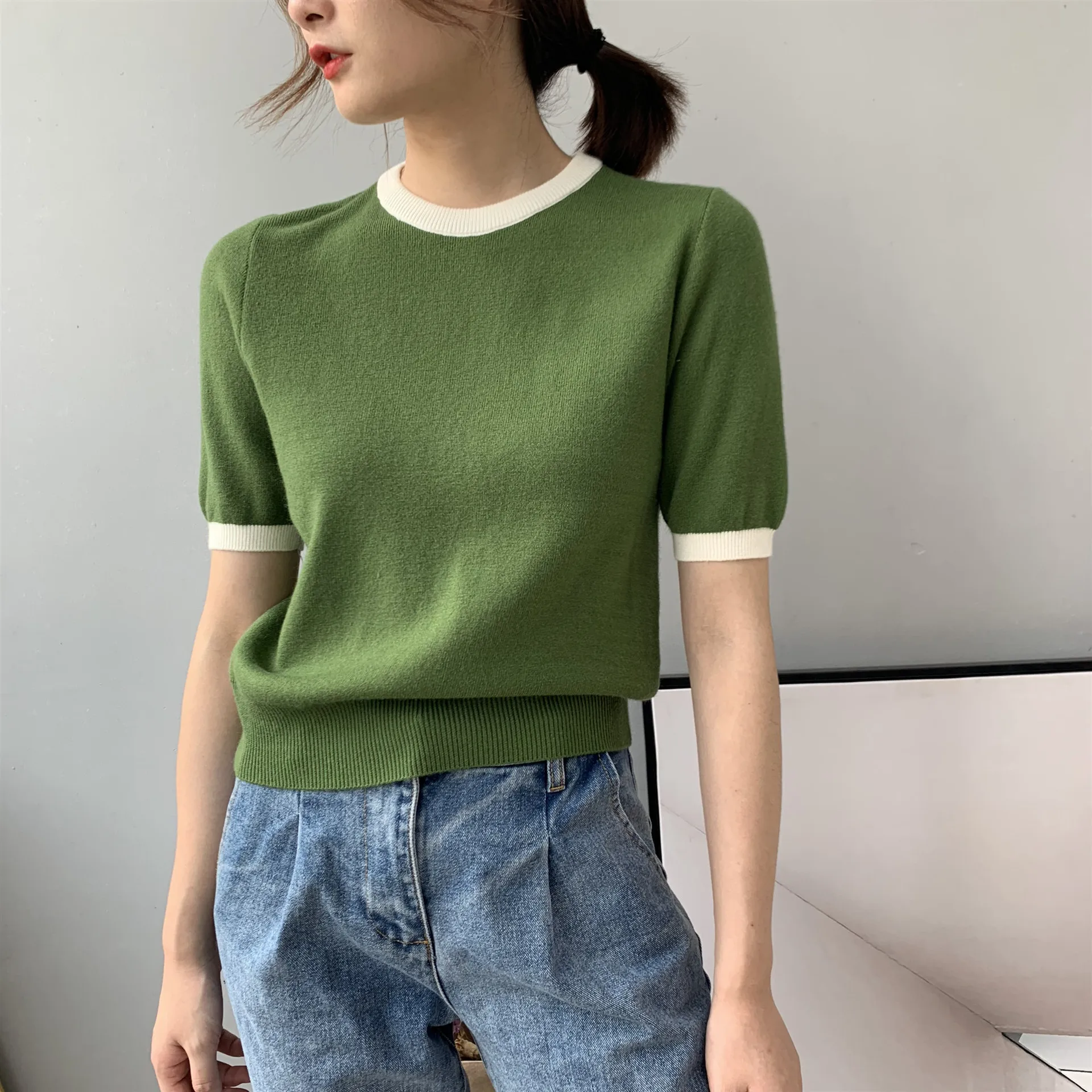 2019 Женский вязаный свитер с коротким рукавом и круглым вырезом в полоску тонкий