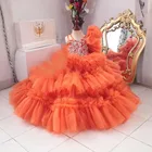 Пышные оранжевые платья из тюля с кристаллами и цветами для девочек, сделанные на заказ многоярусные ПУШИСТЫЕ платья с оборками для детей на день рождения, Vestido de fiesta de boda