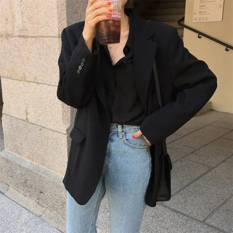 

Office Ladies Korea Brief Solid Autumn Elegant Vintage Slender All Match Women Loose Coat Chic Feminine Regular Blazers