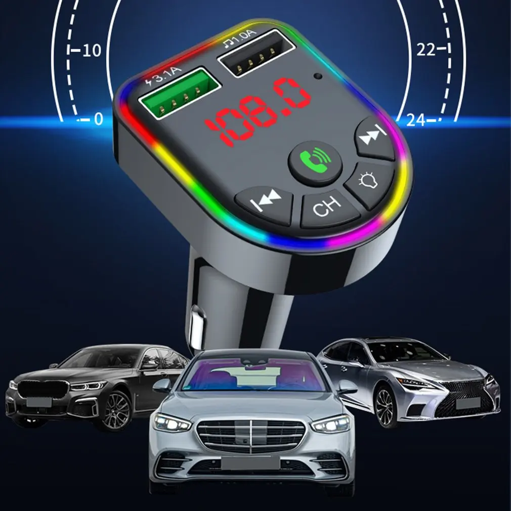 

2021 Ambient Light Bluetooth 5.0 FM Transmitter Car MP3 Player Wireless Handsfree Audio Receiver USB Fast Charge TF U Disk play