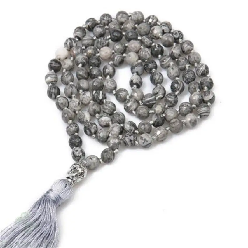 

6mm grey Picture stone knot Tassel 108 Bead Mala necklace Chakras Wristband Tassel Monk Chain Veins Pray Wrist Buddhism Fancy