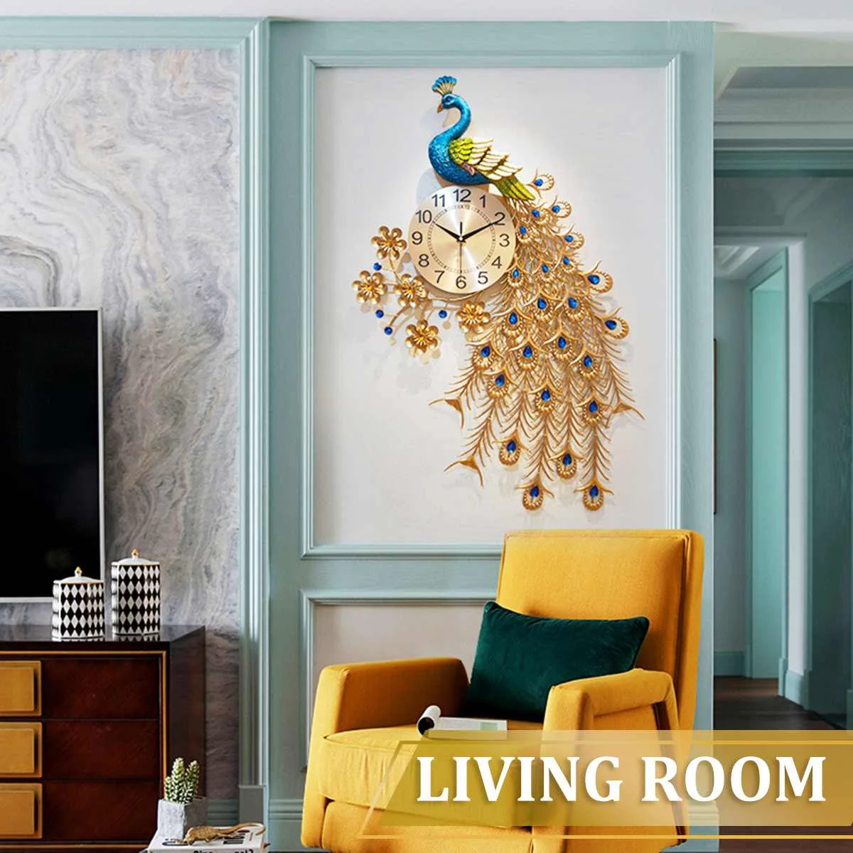 

Большие настенные 3d-часы, домашний декор, настенные часы с кронштейном, беззвучные, с современным дизайном, с узором павлина, Подвесные часы ...