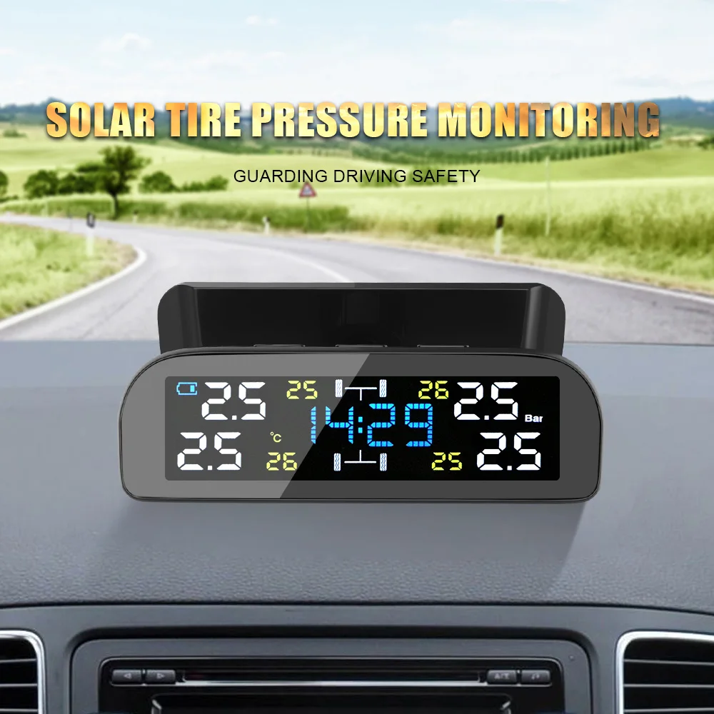 

Tyre Pressure Alarm With Digital Clock Solar TPMS Digital LCD Display Car Tyre Pressure Monitor Tire Pressure Monitoring System
