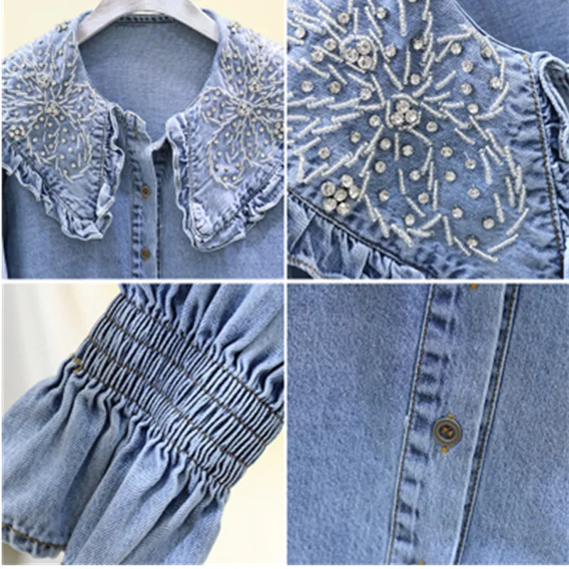 2020 новая весенняя джинсовая Блуза женская одежда рубашка ручной работы с