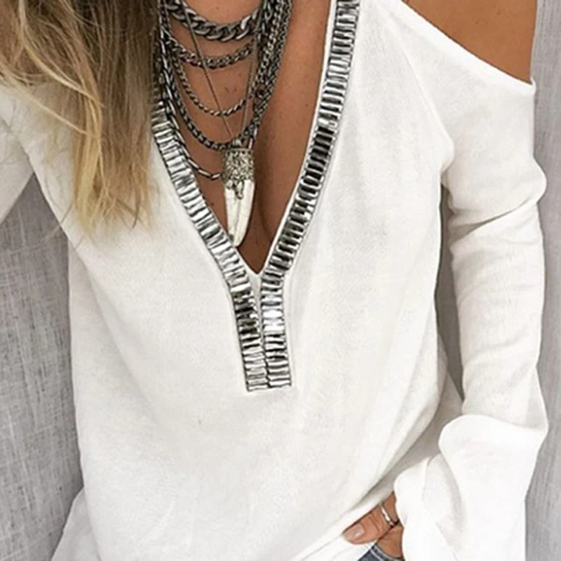 Женская Однотонная футболка с V-образным вырезом и длинными рукавами | одежда