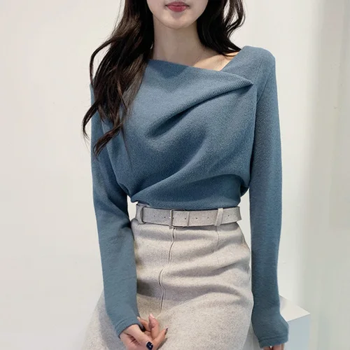 

Skew Collar Irregular Knitted Sweater Women Chic Autumn Winter Elegant Femme Pullovers Solid Color Simple All-match Tops