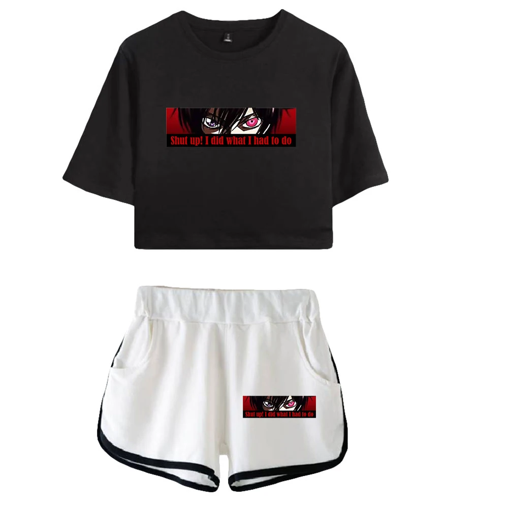 

2021 Cool Cartoon Code Geass Two Pieces Sets Round Collar T-shirt + Short Pants Harajuku Summer Beach Casual Hip hop Set