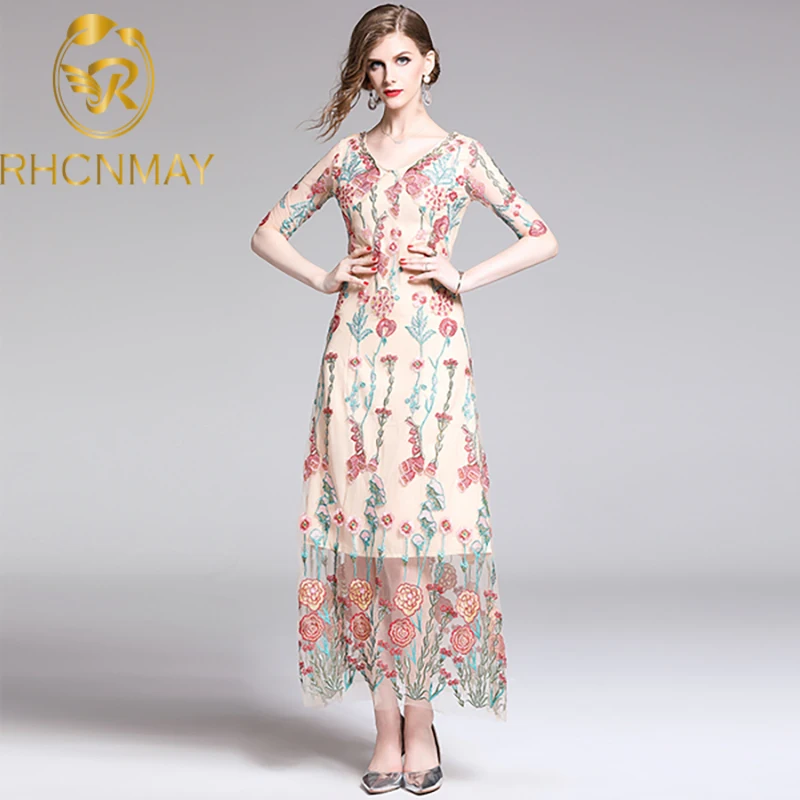

Runway Women Floral 3D Embroidery Dress 2020 Summer Luxury Mesh Patcwhwork Slim Vestidos Vintage V Neck Party A Line Dress