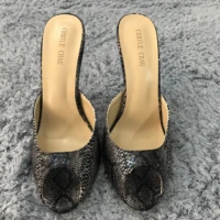 sexy black snakeskin slide sandals high heel popular dress party women sandals summer new peep toe stiletto 11cm heels shoes
