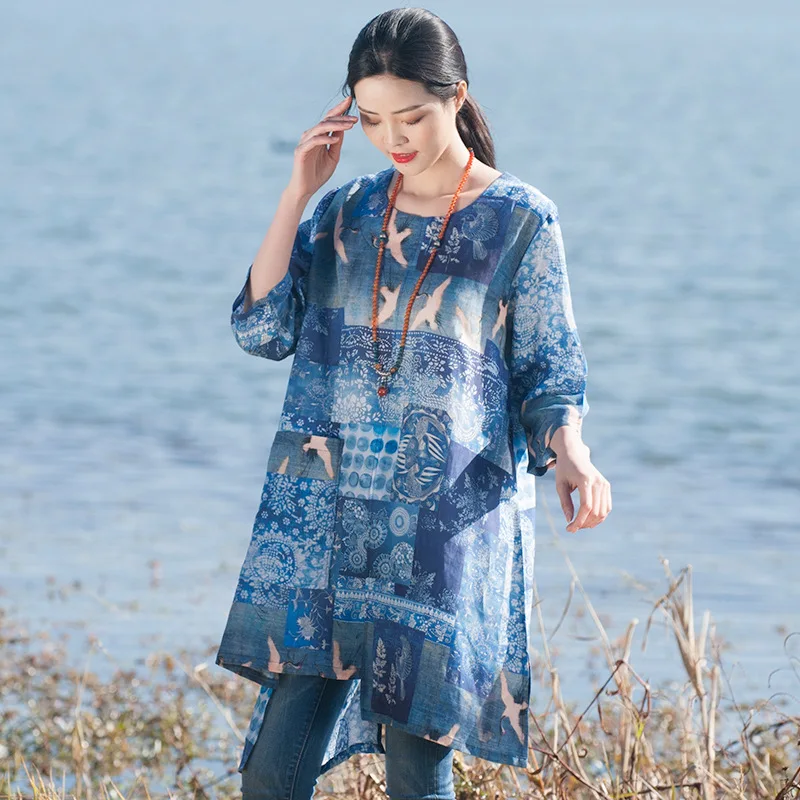 Women Printed Irregular Length Print Tops Shirts Ladies Vintage Long Blouse Female Retro Spring Summer Half Sleeve | Женская одежда