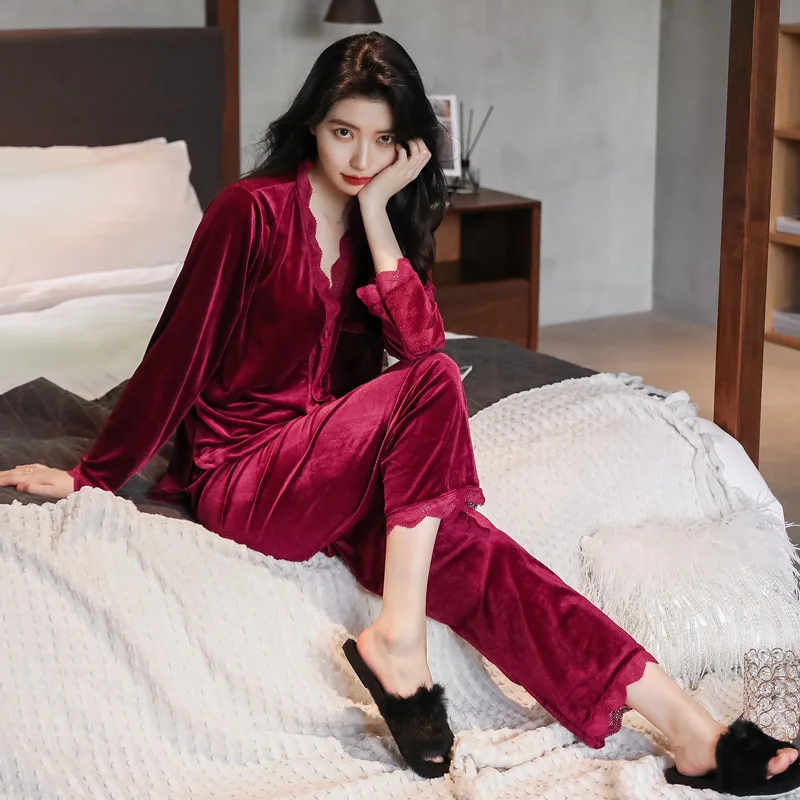 

Пижама для девочки осень/зима новый бархатный Кардиган с длинным рукавом костюм кружевные Соблазнительные Домашняя одежда мягкая Пижама к...