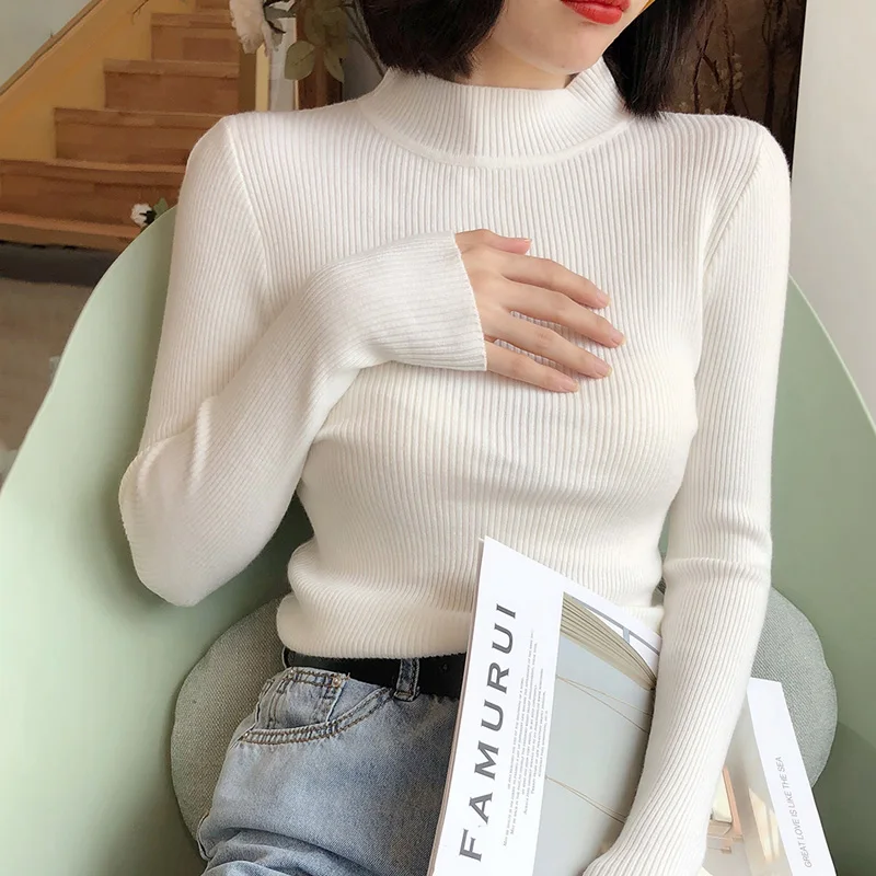 

2020 Winter Warm Women Sweaters Solid Basic Top Soft Pullover Knitting Long Sleeve Turtleneck Korean Style Chic Casual Jumper