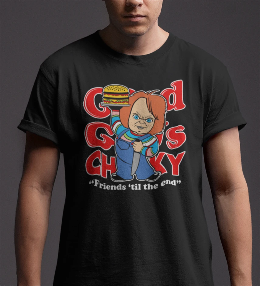 Кукла Чаки футболка Хэллоуин ужас фильм бургер ретро злой смерти черный