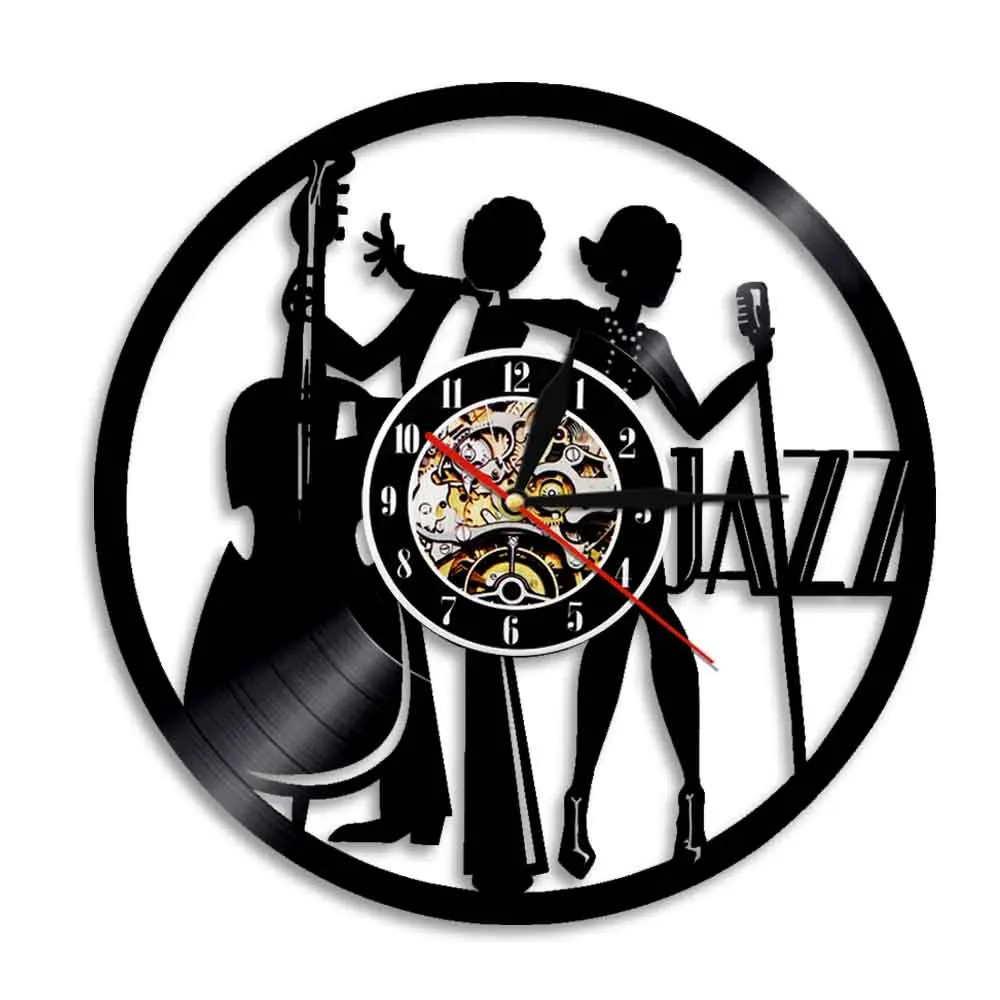 Jazz Band Cellist And Singer Laser Etched Silhouette Vinyl Record Wall Clock Jazzist Musical Home Decor Handicraft Art Watch