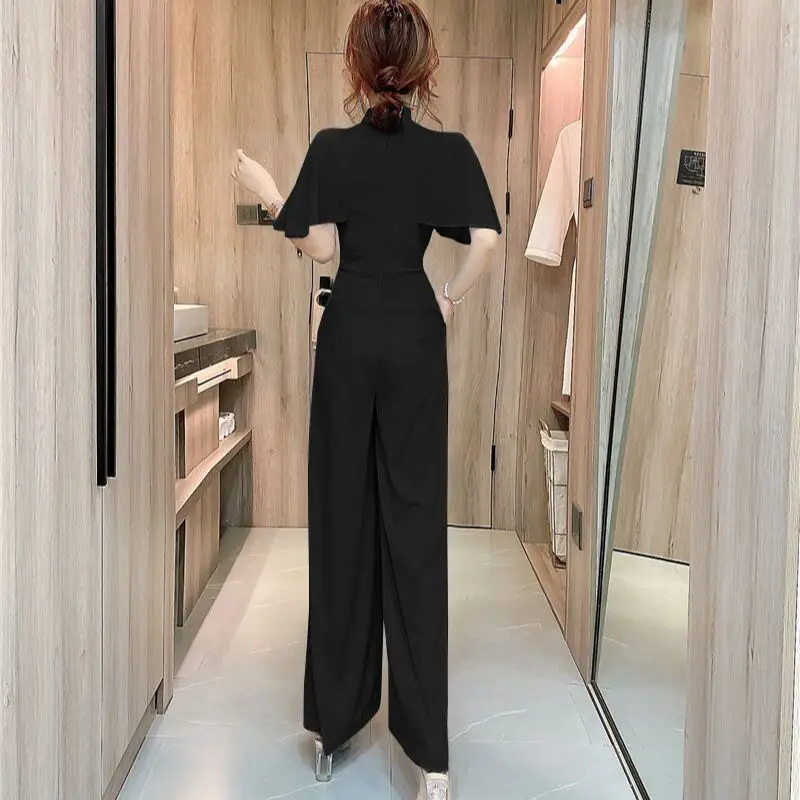 Spring Ladies Short Sleeve Bow lace up collar Solid Jumpsuits High Waist double breasted Women Casual Wide Leg Rompers