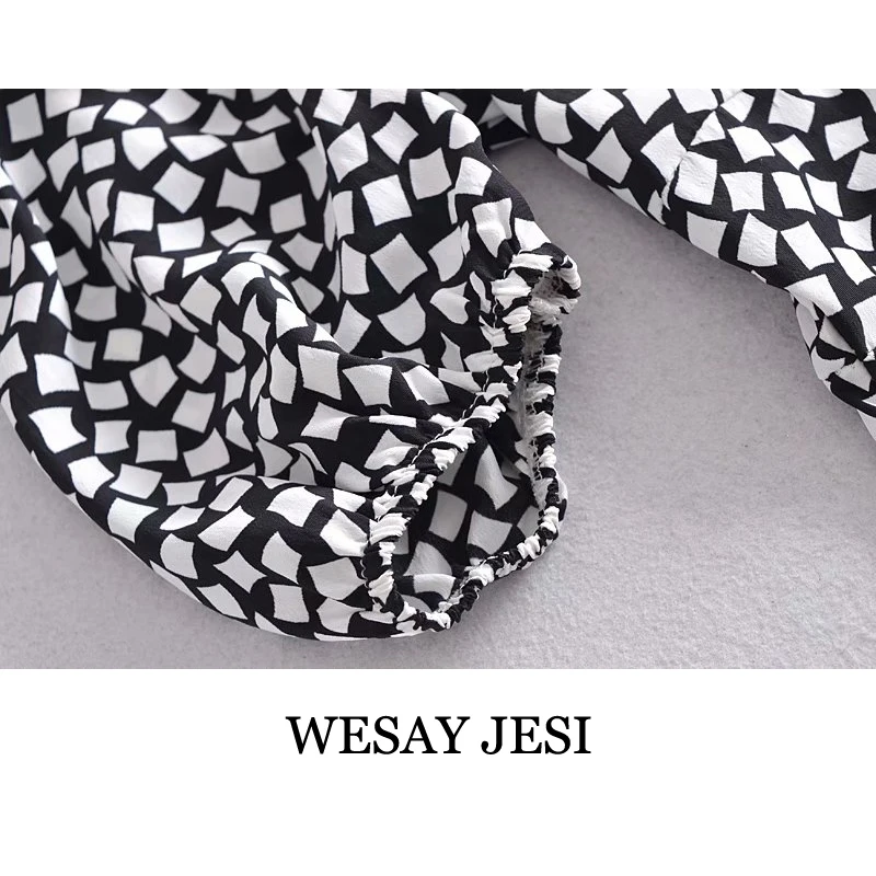 

WESAY JESI Summer Dress Woman Chic Puff Sleeve Dresses Fashion Black Geometric Print Elegant High Waist Slim Female Office Lady