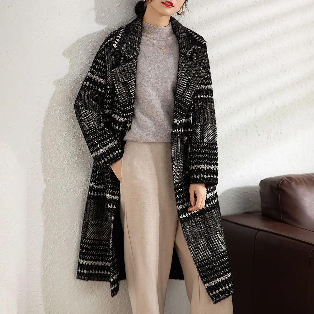 

Женское шерстяное пальто в стиле ретро, свободное винтажное пальто в клетку с карманами, плотный костюм в Корейском стиле, 2021