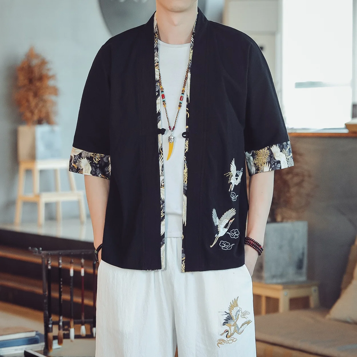 Хлопковый кардиган с вышивкой журавлей японский кимоно для мужчин и мальчиков