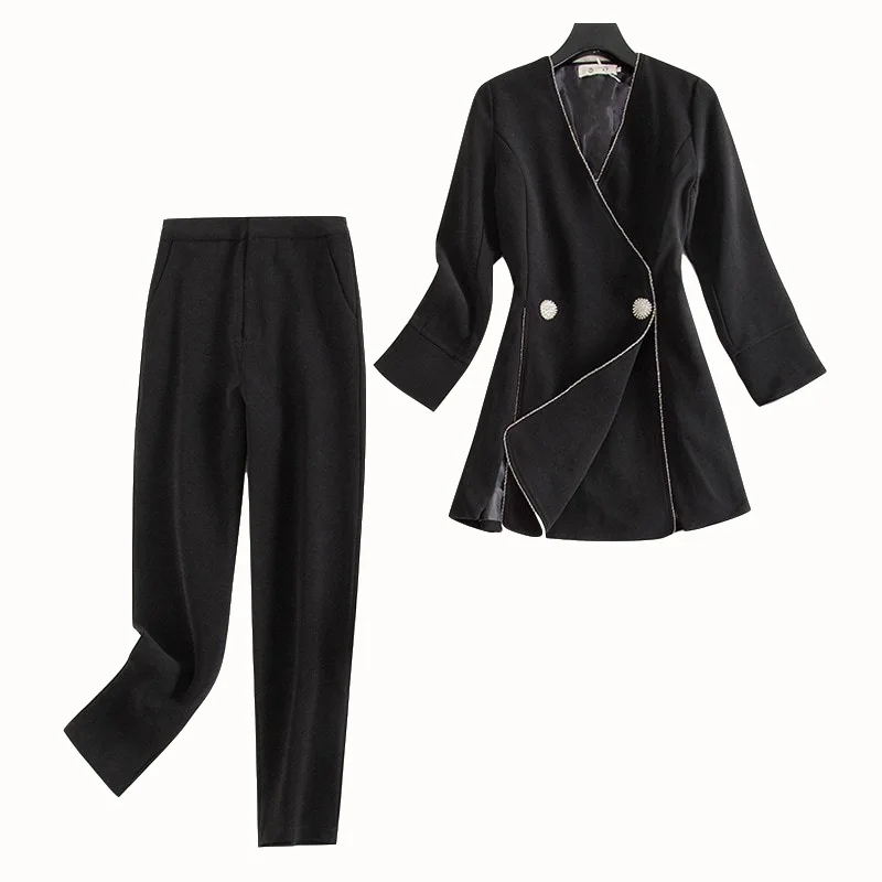 

2020 Women Black Pant Suit V Neck Blazer Jacket High Waist Pant Female Blazer Set Office Wear Womens Suits 2 Piece Set Clothing