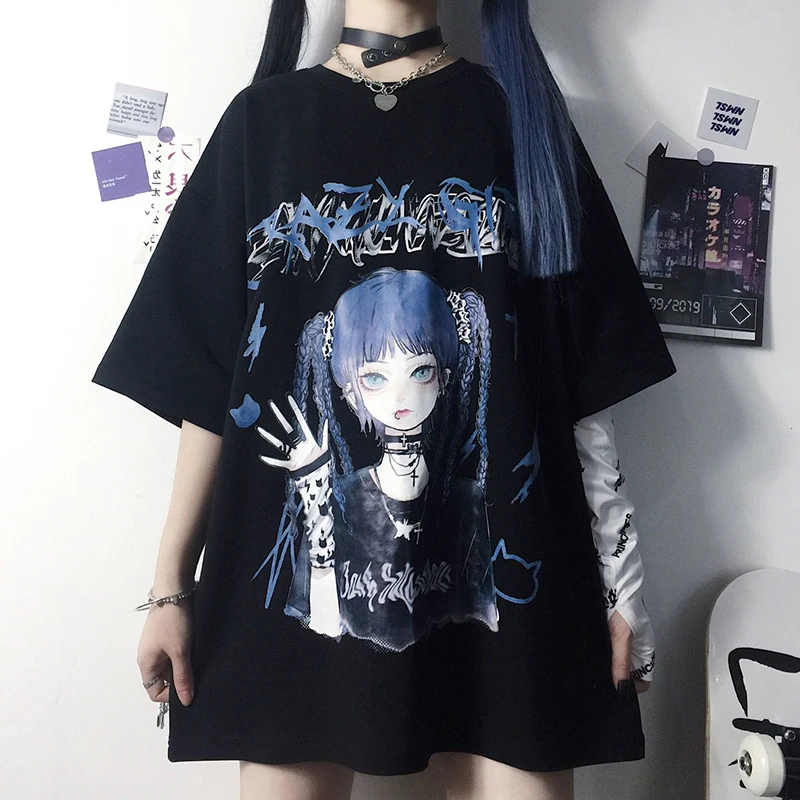 

Bxhy New 2021 Summer Goth Female Tee Aesthetic Loose Women T-shirt Punk Dark Streetwear Ladies gothic Top T-shirts Harajuku