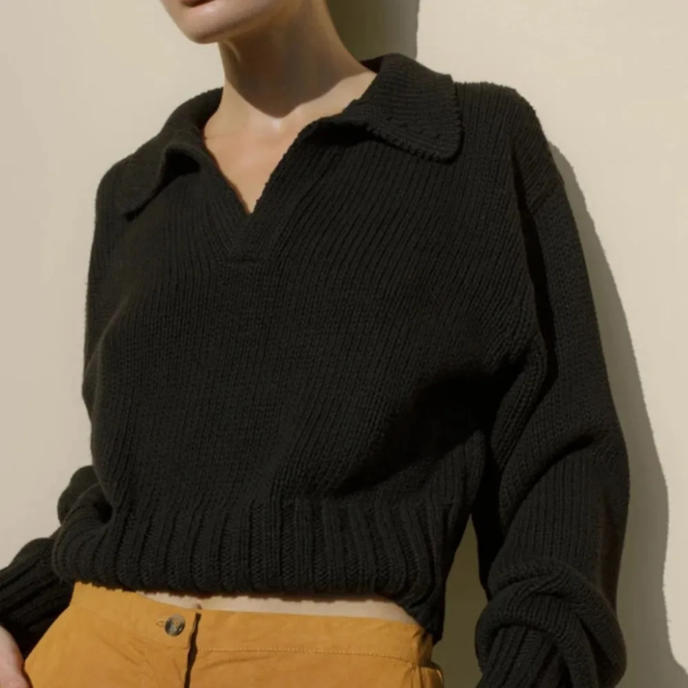 

Cropped Knit Sweater Women Vintage Johnny Collar Long Sleeve Pullovers Winter Knitted Pullover Stretch Ribbed Long Sleeve Tops