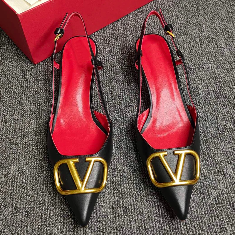 

10 cm High heels New V Brand Women Pointed Toe Sandals Leather Wedding Shoes Classics Designer Metal V Buckle Women shoes 34-42