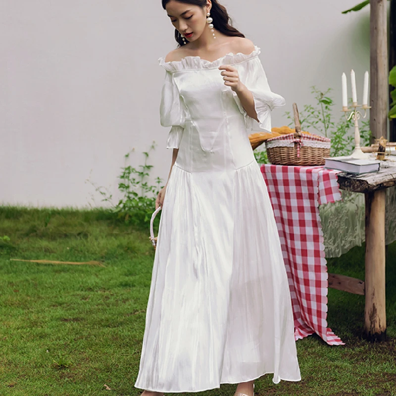 

Long Retro Fairy Korean Vacation Beach Dress Maxi White Women Chiffon Vintage Dress Summer 2021 Runway Off Shoulder Party Dress