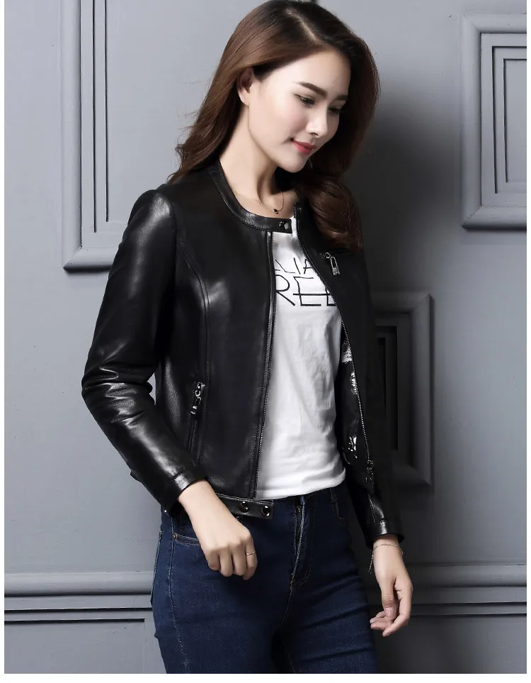 Women Stand Collar Sheepskin Genuine Leather Coat Jacket for Motocycle Biker Short Design Black Red Autumn Fall Large Size XXXXL