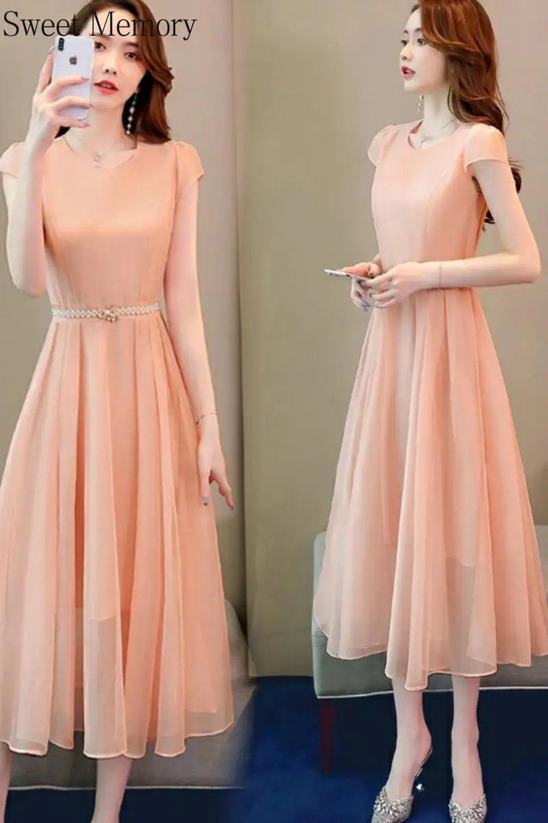 

Sweet Memory Summer Women Dress with Belt Short Sleeve O-Neck A-Line Chiffon Navy Blue Pink Beige Holiday Cocktail Dresses