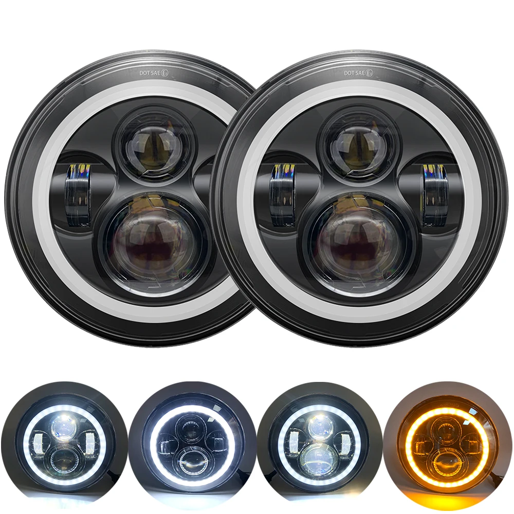 

2Psc for Land rover defender 7 Inch LED Headlight H4 Hi-Lo With Halo Angel Eyes For Lada 4x4 urban Niva Jeep JK Hummer