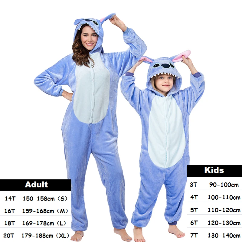 blue stitch Пижамы кигуруми с рисунками животных, Ститч, панда, единорог, комбинезон, пижамы для женщин, детские пижамы для мальчиков и девочек, маскарадные костюмы, одежда для сна - Цвет: blue stitch