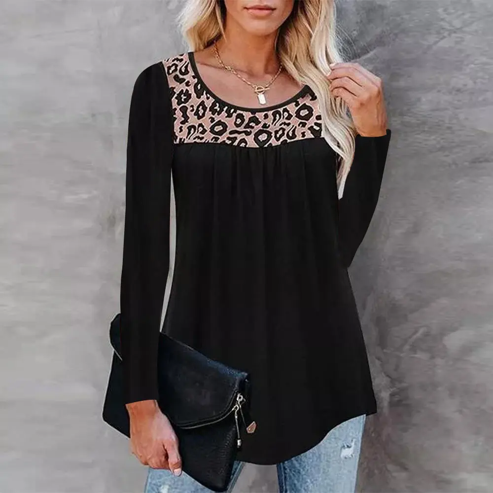 

Long Sleeve Loose Blouse Top Patchwork Women'S Leopard Printed Top Round Neck Fashion Casual T-Shirt Autumn Spring Tee Shirt