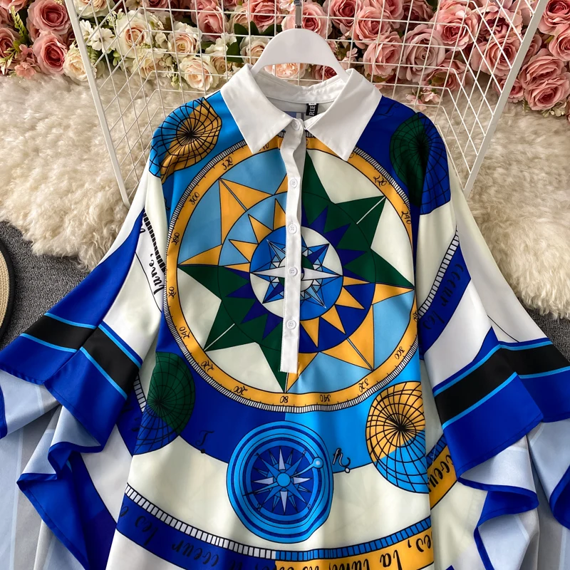 

Muti-Color bohemian summer woman dress Turn Down Collar High Waist Fashion street women dresses Batwing Sleeves Loose Fit robes
