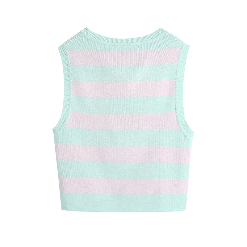 

Summer women's casual striped round neck sleeveless short knitted vest