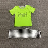summer clothes green short sleeve top and black plaid trousers three cats print pattern boys clothes