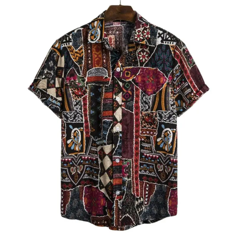 

Mens Printed Short Sleeve Shirt Summer Beach Button Up Loose Casual Tops Tunic