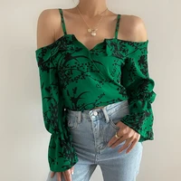 2022 new print crop top sexy off shoulder blouse women fashion flare sleeve tops long sleeve shirt woman clothes blusas de mujer