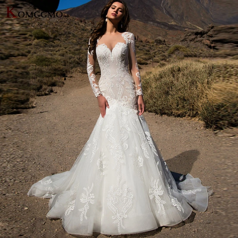 

Custom Made Full Sleeve Sweetheart Neck Chapel Train Bridal Gown 2021 Hot Sale Embroidery Appliques Tulle Mermaid Wedding Dress
