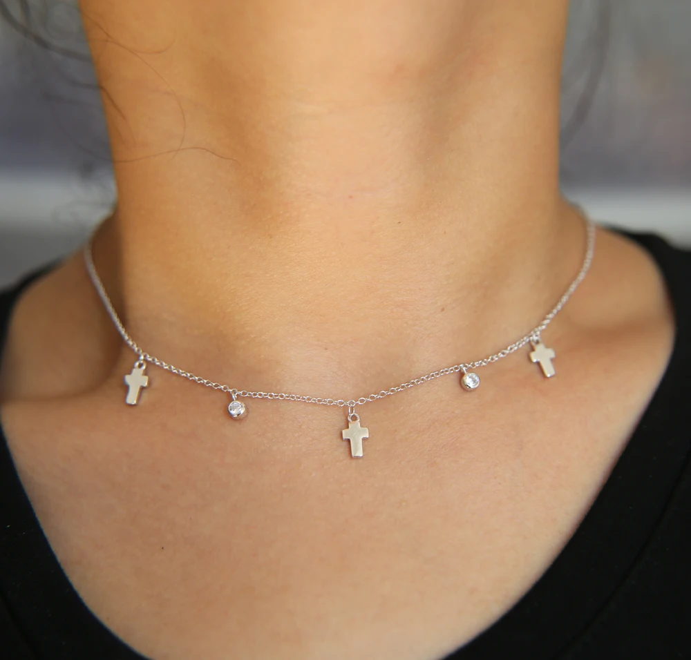 925 sterling silver dangle cross charm pendant 33+7cm choker chocker micro pave clear cz Fine women chain necklaces|Ожерелья| |